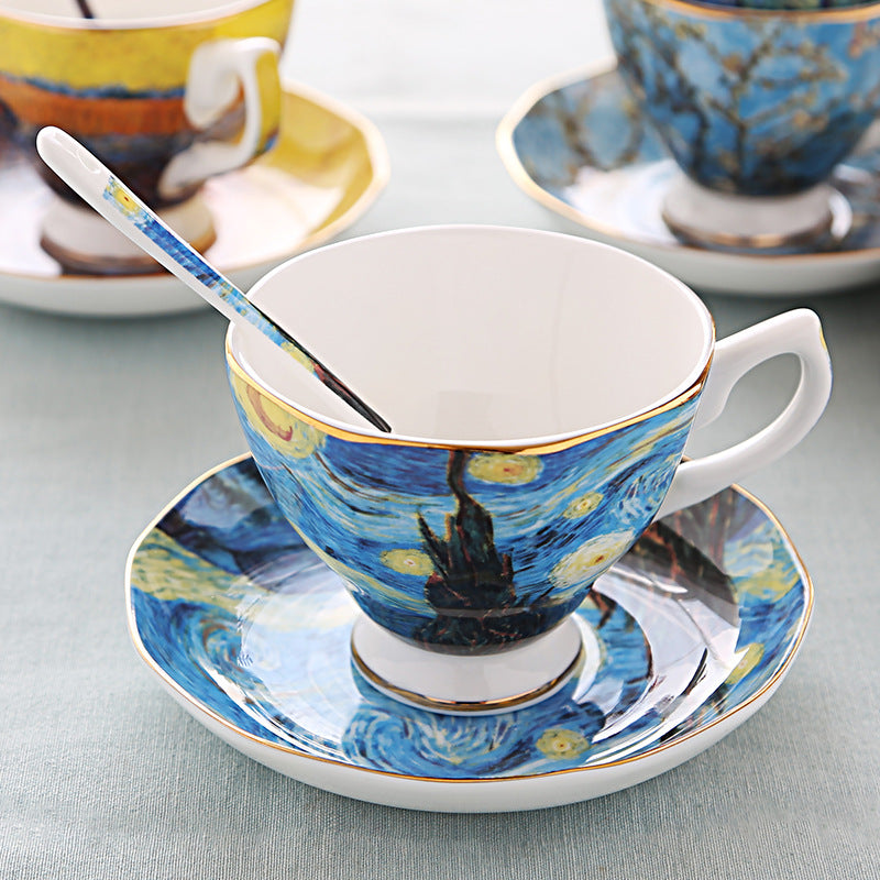British Luxe Saucer and Spoon Afternoon Tea Cup with Van Gogh Oil Painting Design, Bone China Coffee Cup, Creative Souvenir Ceramic Mug