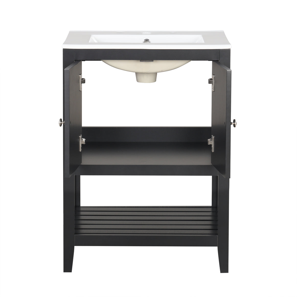 24" Black Modern Sleek Bathroom Vanity Elegant Ceramic Sink with Solid Wood Frame Open Style Shelf