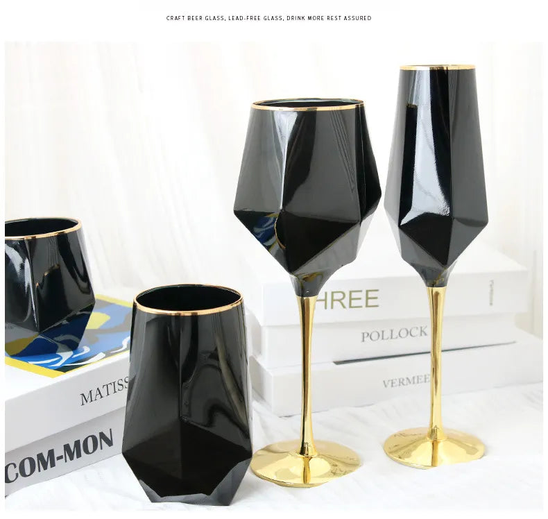 Pure Black Crystal Golden Edge Wine Glass Goblet Light Luxury Irregular Model Room Special Champagne Cup Whiskey Beer Glasses