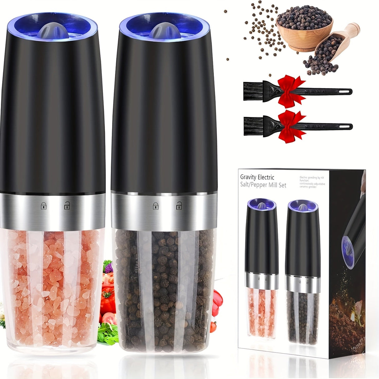 [Electric Salt Grinder] Electric Salt And Pepper Grinder Set, 110ml, 6 Adjustable Coarseness, LED, Automatic, Black And Silver, 1/2 Packs Julia M LifeStyles