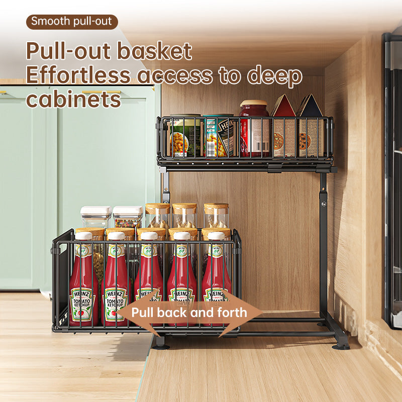 Luxury 2-Tier Adjustable Pull-Out Cabinet Organizer – Premium Carbon Steel Storage Solution