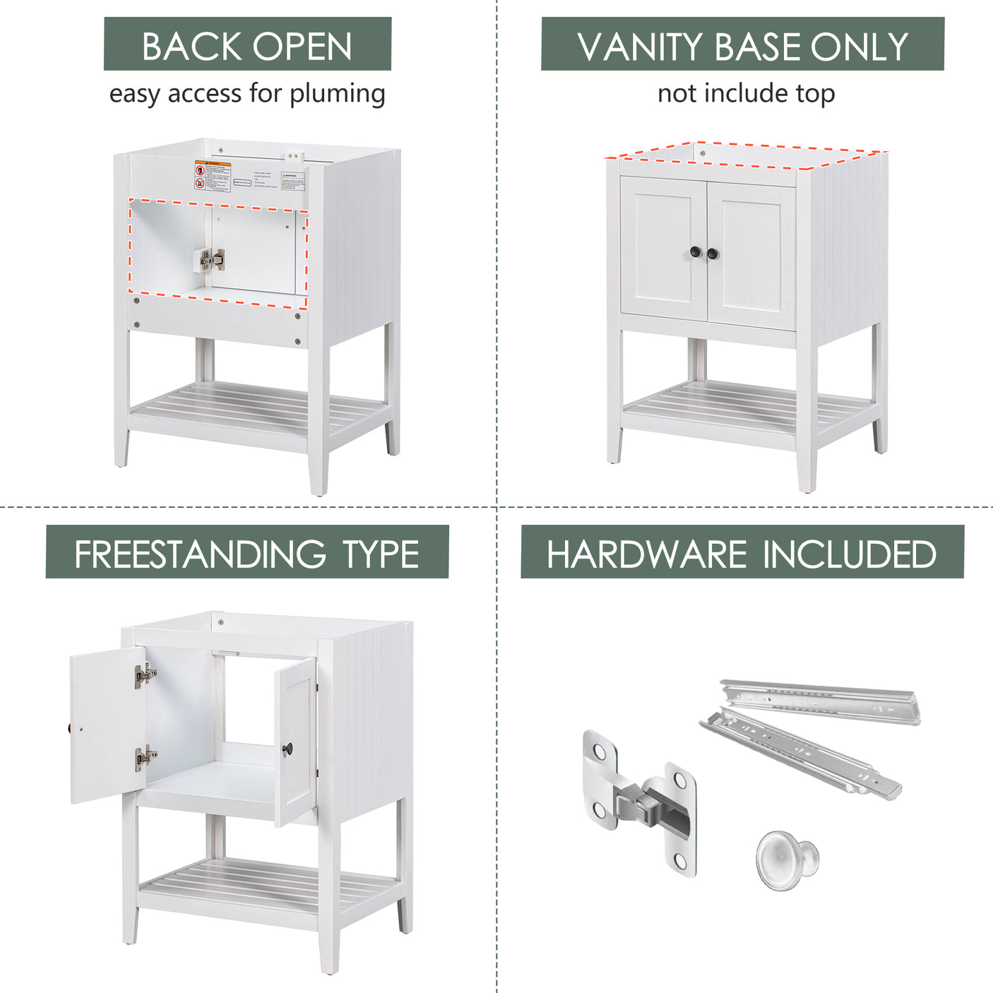 24" Bathroom Vanity Base Only, Soild Wood Frame, Bathroom Storage Cabinet with Doors and Open Shelf, White - Julia M LifeStyles