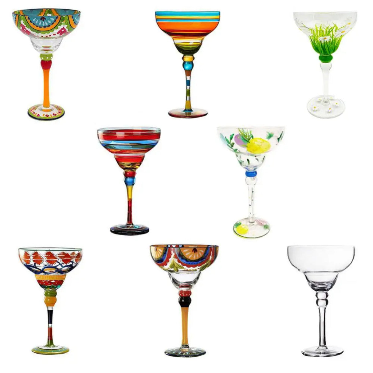 Set of colorful glassware including margarita glasses and a martini glass on a white background.