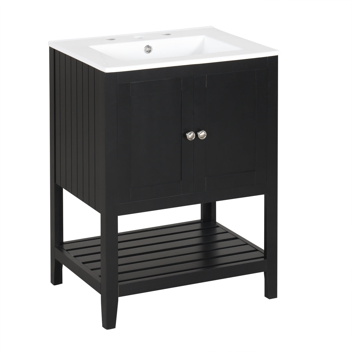 24" Black Modern Sleek Bathroom Vanity Elegant Ceramic Sink with Solid Wood Frame Open Style Shelf
