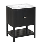 24" Black Modern Sleek Bathroom Vanity Elegant Ceramic Sink with Solid Wood Frame Open Style Shelf