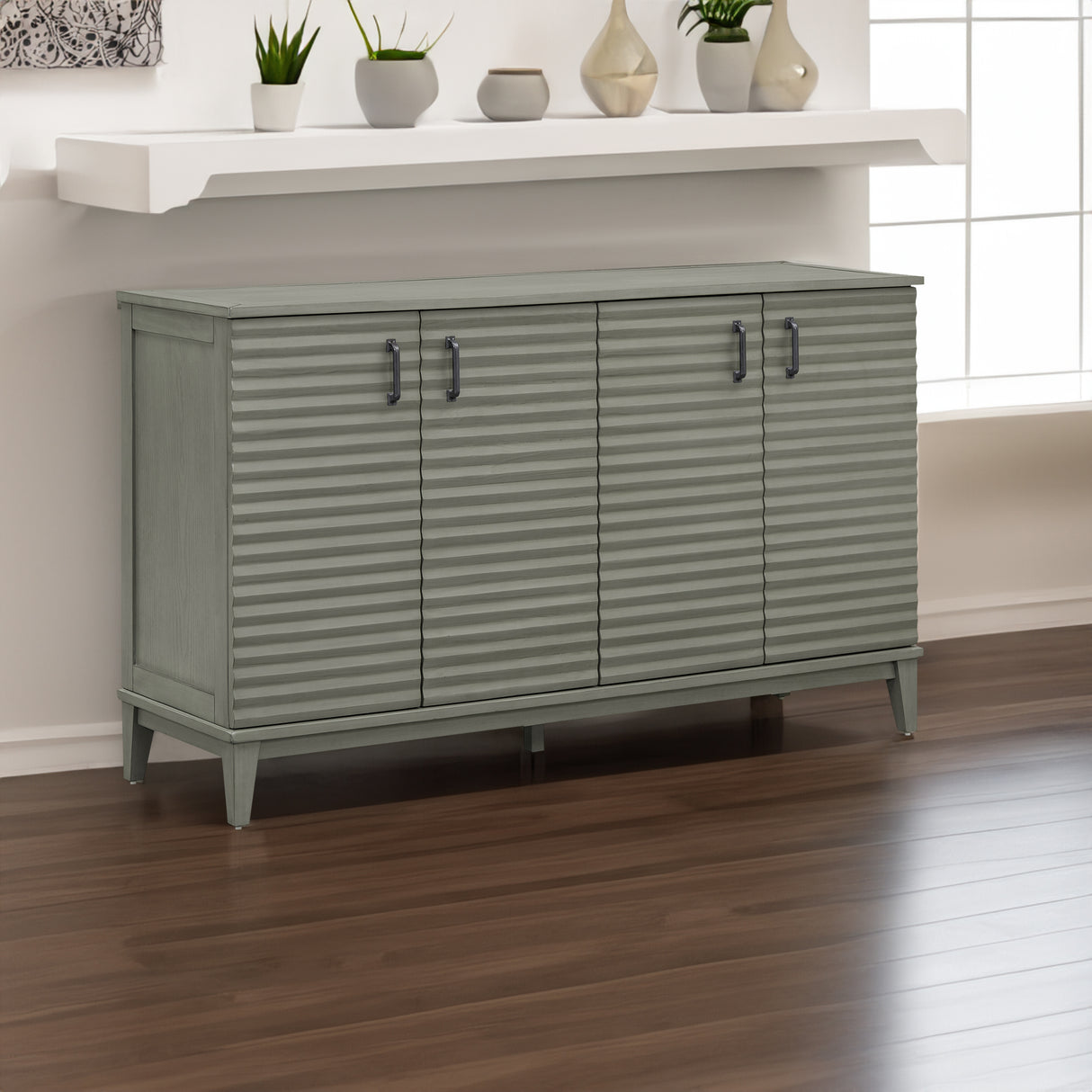 Side panel with 4-door large storage buffet, adjustable shelves and metal handles (antique gray)