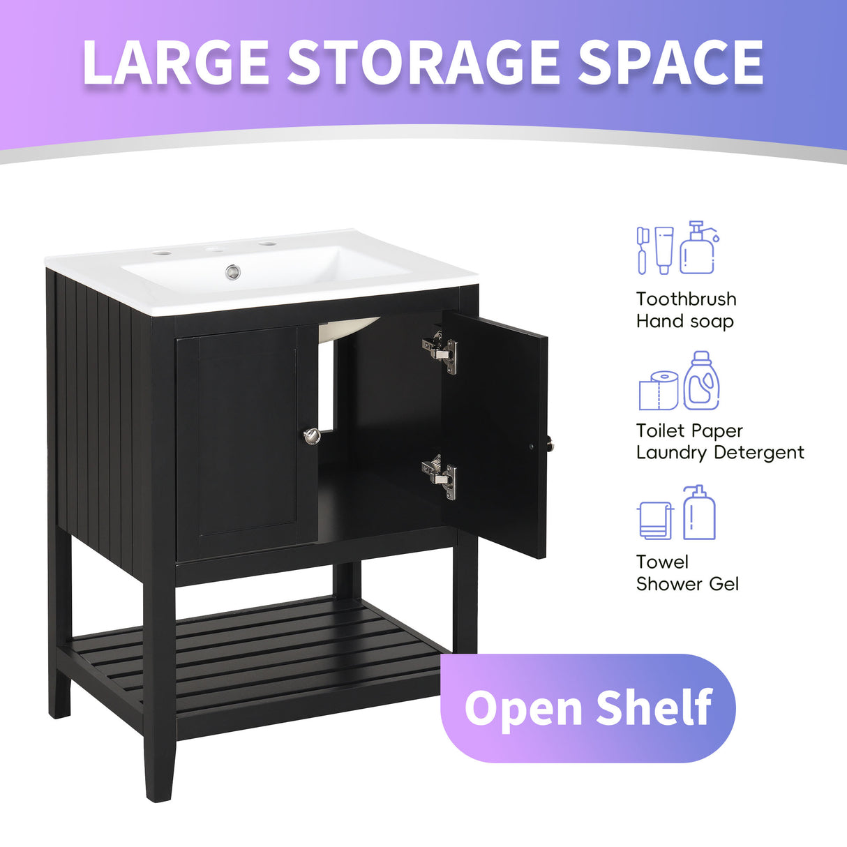 24" Black Modern Sleek Bathroom Vanity Elegant Ceramic Sink with Solid Wood Frame Open Style Shelf