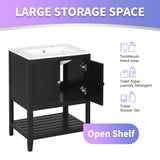 24" Black Modern Sleek Bathroom Vanity Elegant Ceramic Sink with Solid Wood Frame Open Style Shelf