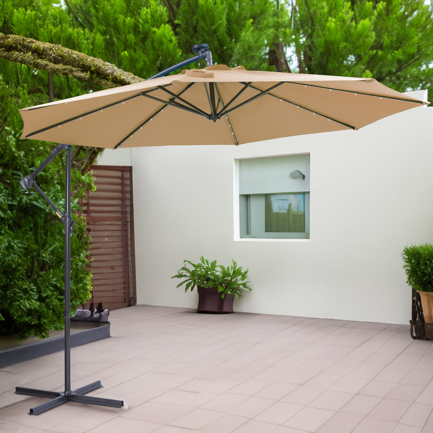 10 FT Solar LED Patio Outdoor Umbrella Hanging Cantilever Umbrella Offset Umbrella Easy Open Adustment with 32 LED Lights -taupe - Julia M LifeStyles