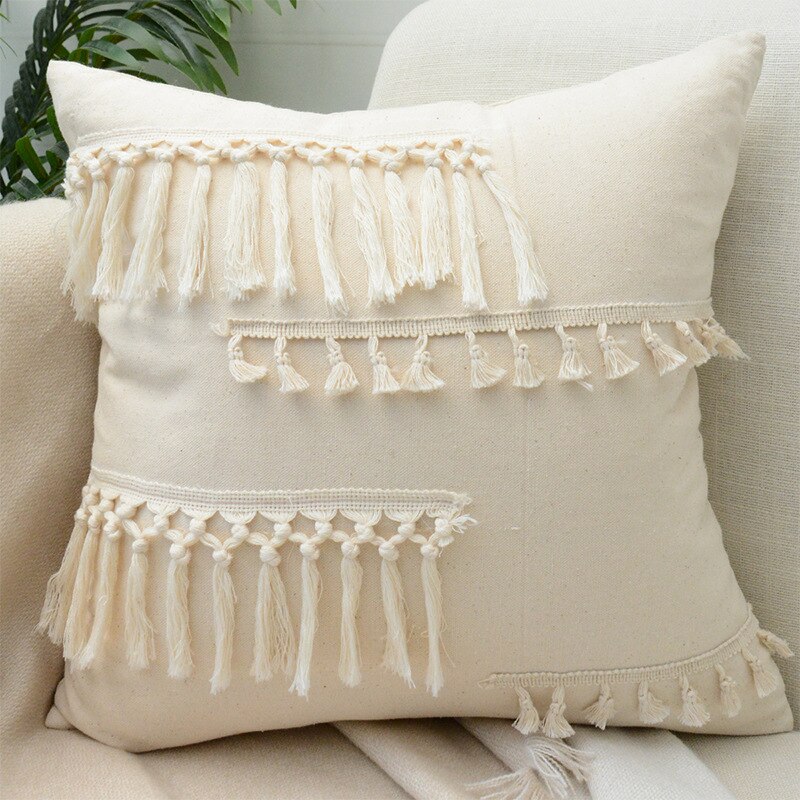 Tassels Cushion Cover 45x45cm - Beige and White Boho Decor - Julia M LifeStyles
