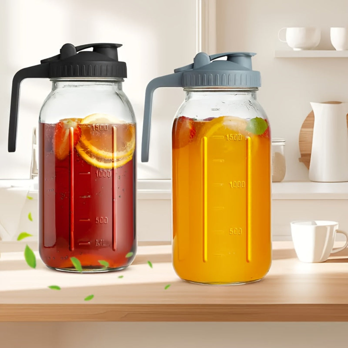 [Lead-Free Glass Bottles] 3pcs 64oz Thick Lead-Free Glass Cold Brew Water Bottles | Airtight Leak-Proof Lids, Measurement Markings & Handle - Mason Jar for Iced Coffee, Tea, Family Gatherings, Refrigerator Storage (Black/Gray - Julia M LifeStyles