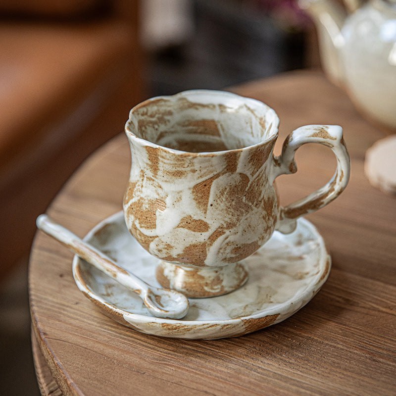 Retro stoneware household niche coffee set with ceramic cup, plate, and spoon in Maqi-flower design
