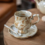 Retro stoneware household niche coffee set with ceramic cup, plate, and spoon in Maqi-flower design