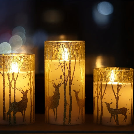 3pcs Real Wax Pillar Candles With Deer Decoration And A Remote Control Timer, Powered By Batteries, With LED Flickering Lights, For Holiday Decoration, Valentine's Day, Confession, Proposal Gift, Parties, Outdoor Camping, Chr Julia M LifeStyles