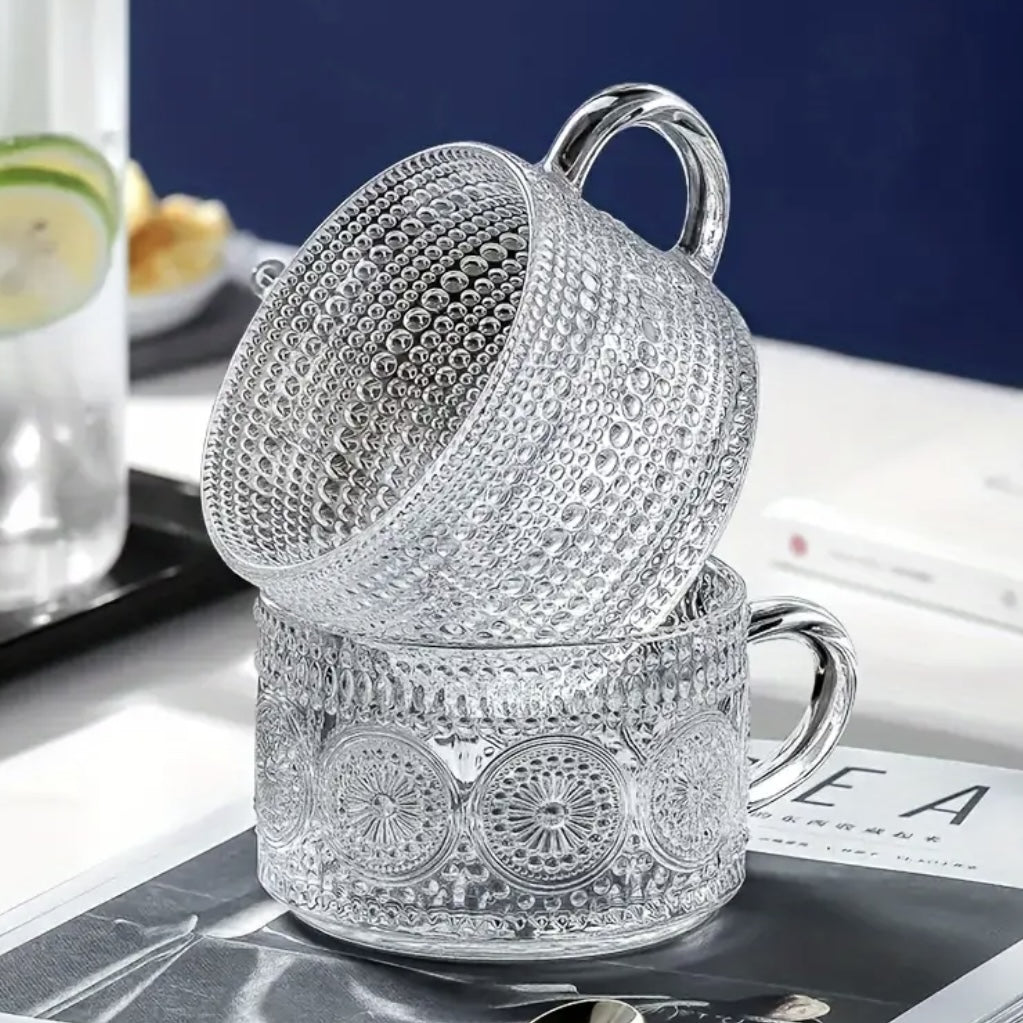 Vintage 14 Oz Embossed Glass Coffee and Tea Mugs