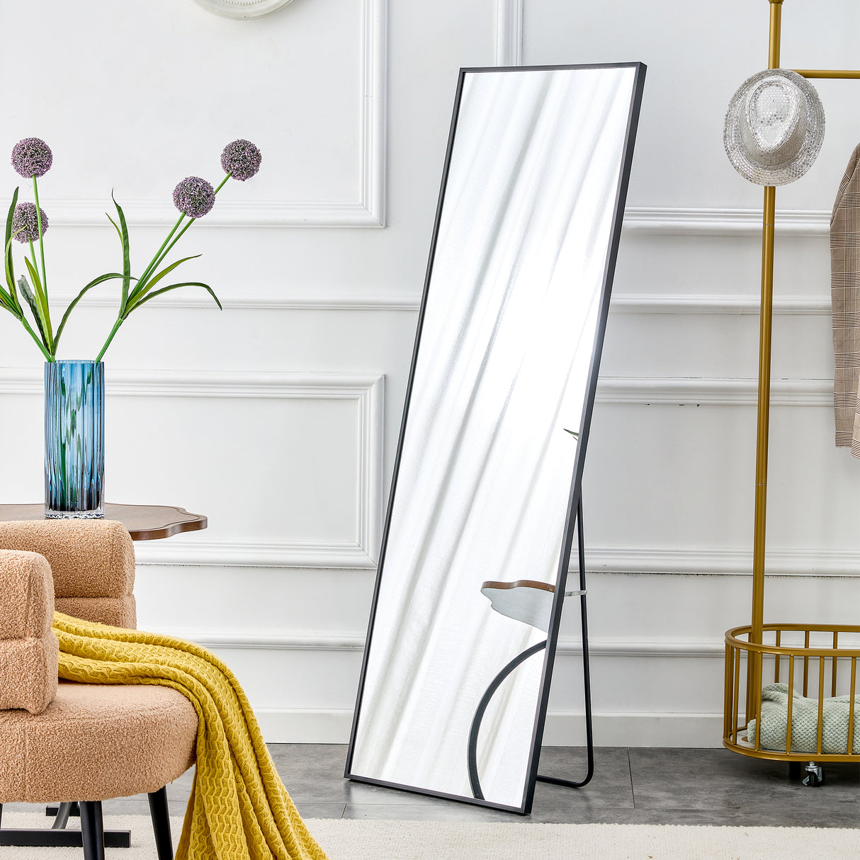Aluminum Alloy Metal Frame Wall-Mounted Full-Length Mirror Black 65 x 23"