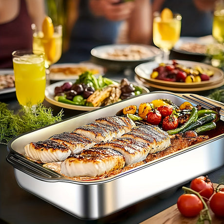 [Heavy Duty Baking Pans] 1/2/3pcs Extra Large Heavy Duty Stainless Steel Baking Pans with Lids | Non-Stick, Thick Rectangular Oven Trays for Desserts, Bread, Seafood, BBQs, Buffet Serving - Spacious Design, Nonstick Surface Julia M LifeStyles