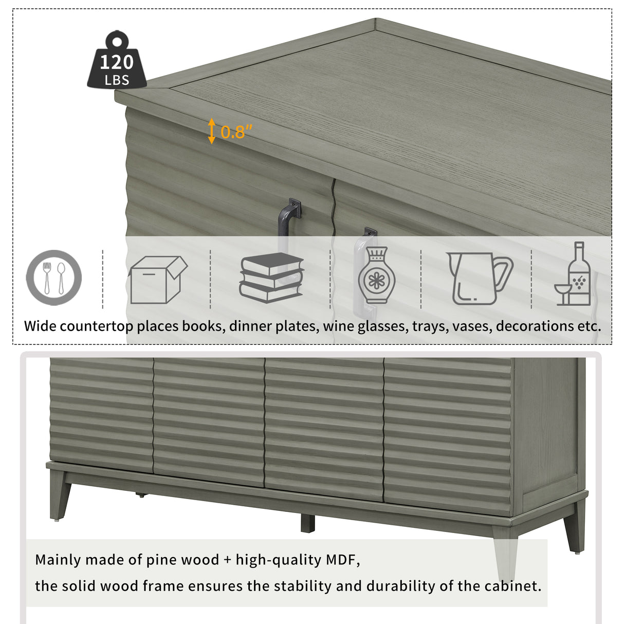 Side panel with 4-door large storage buffet, adjustable shelves and metal handles (antique gray)