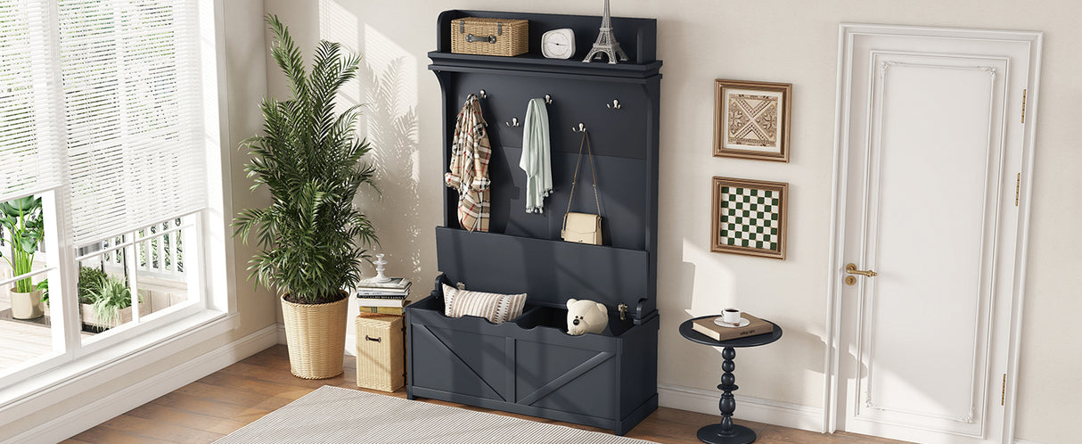 Hall tree with storage desk, entrance desk with drawers and 5 hooks, display rack, dark blue
