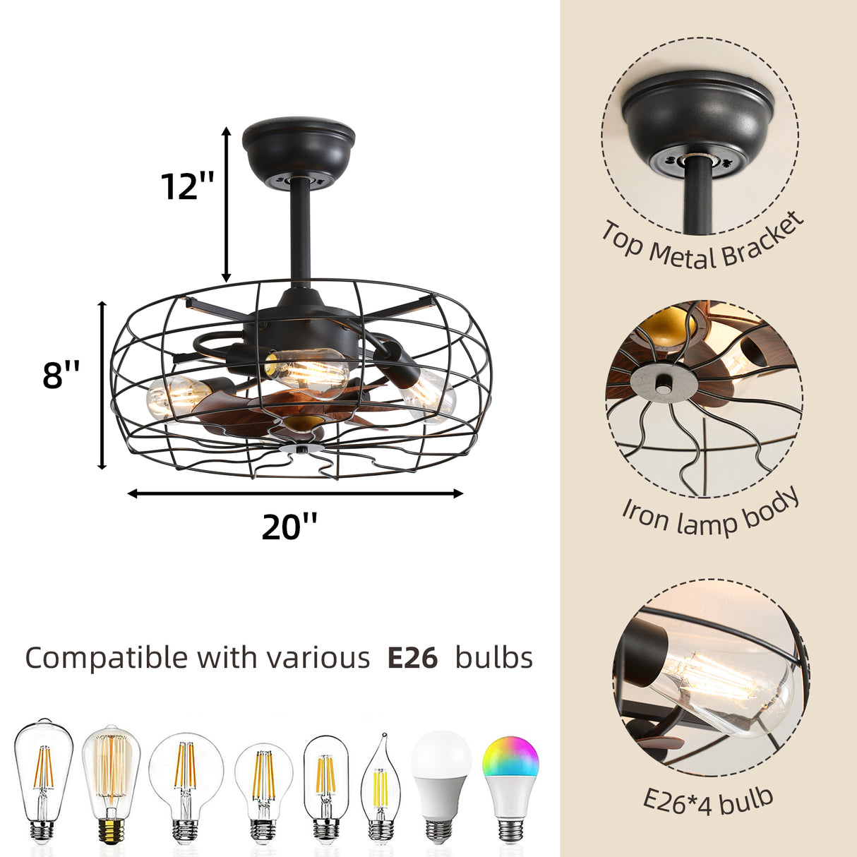 European Style 19inch Cage Retro Ceiling Fan with Lights