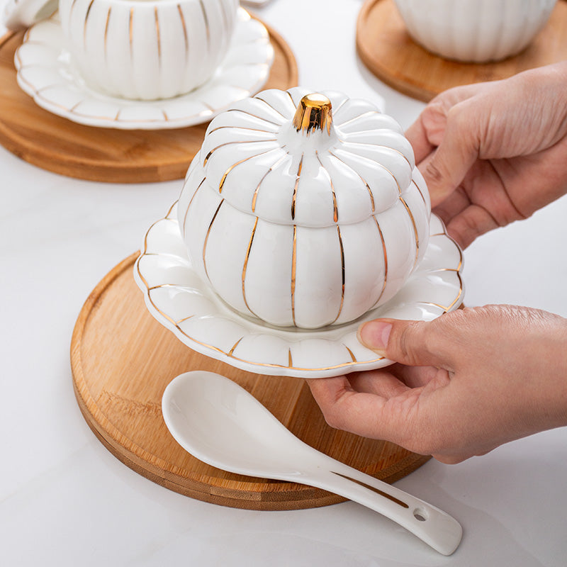 Creative Ceramic Pumpkin Cup, Steamed Egg Cup, Stewed Pot with Cover, Pure White Mini Bird's Nest Cup, Soup Cup - Julia M LifeStyles