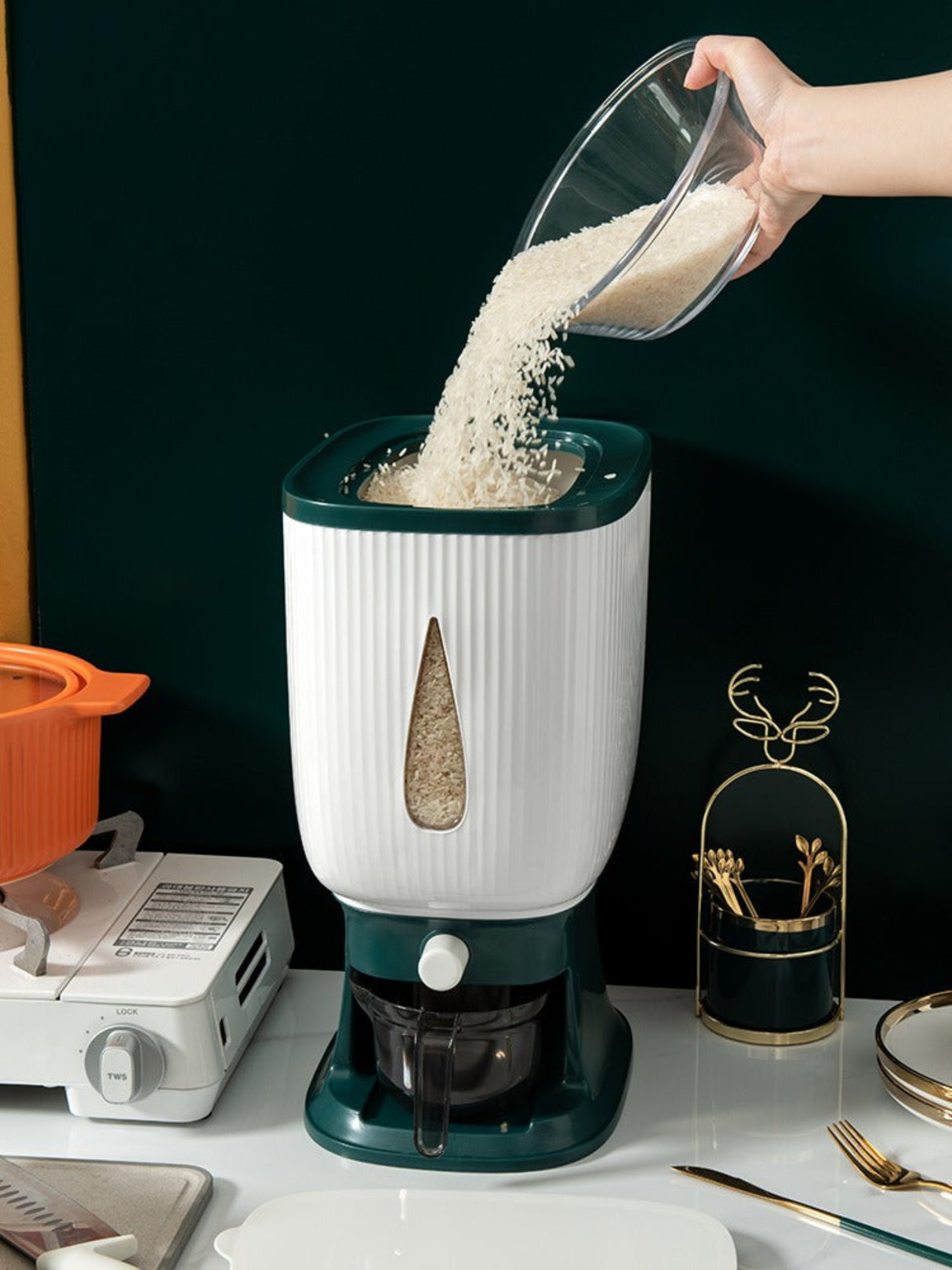 Person pouring rice into a white and green rice cooker on a kitchen counter.