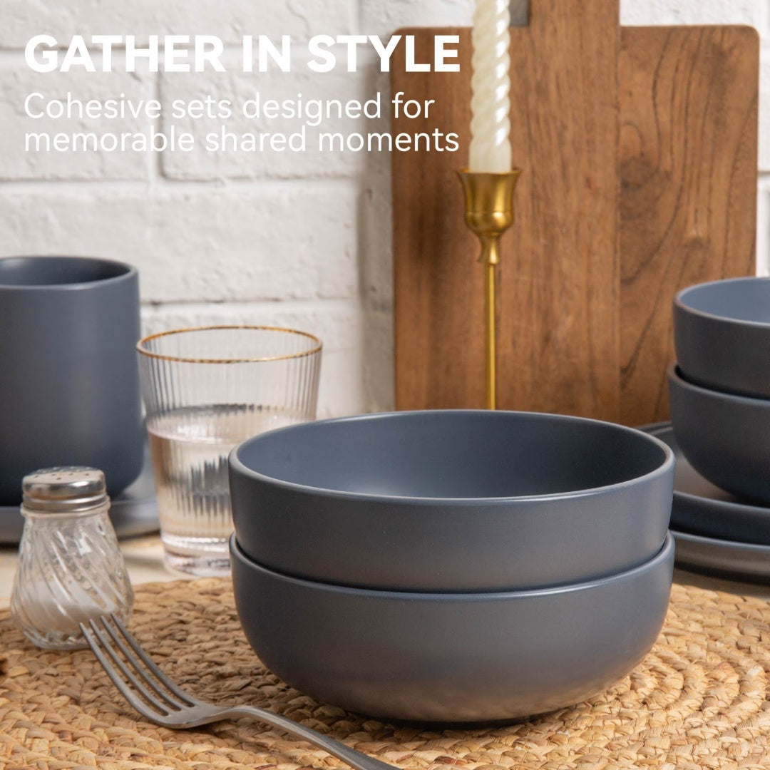Premium 12-Piece Blue Stoneware Dinnerware Set with Mugs – Elegant Matte Glaze, Microwave & Dishwasher Safe