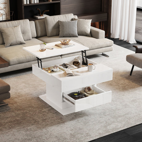 360 Rotating Coffee Table - Highgloss Lift-Top Centre Table with Drawers