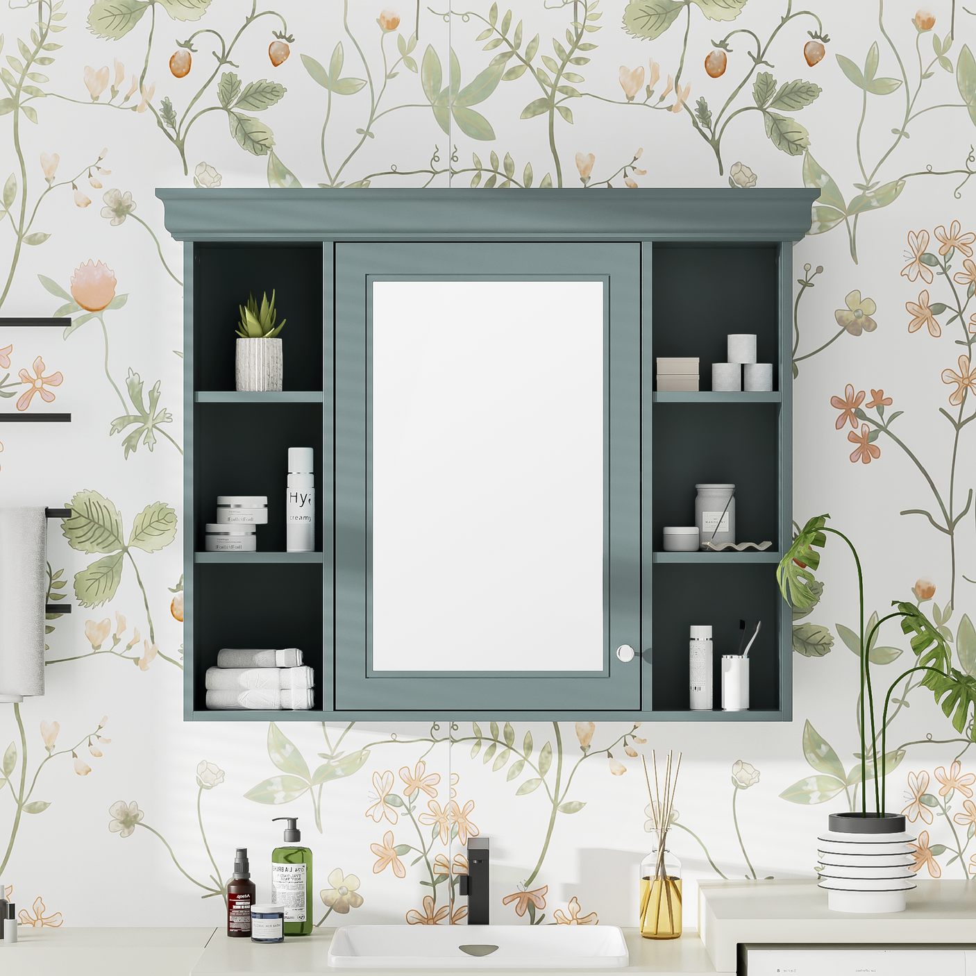 35 ''x 28' 'blue wall mounted bathroom storage cabinet with mirror door and medication cabinet with 6 open shelves Julia M Home & Kitchen