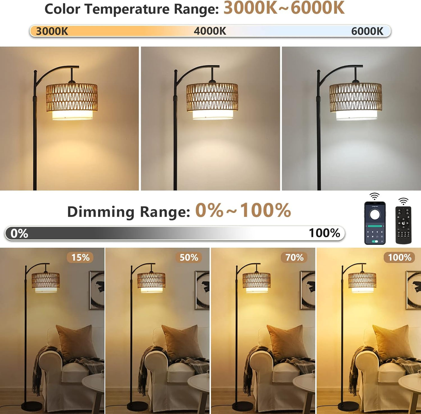 Arc Floor Lamp for Living Room with 3 Color Temperatures, Farmhouse Floor Lamps with Remote & Dimmable Bulb Office Julia M Home & Kitchen