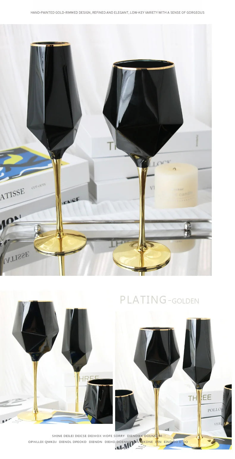 Pure Black Crystal Golden Edge Wine Glass Goblet Light Luxury Irregular Model Room Special Champagne Cup Whiskey Beer Glasses