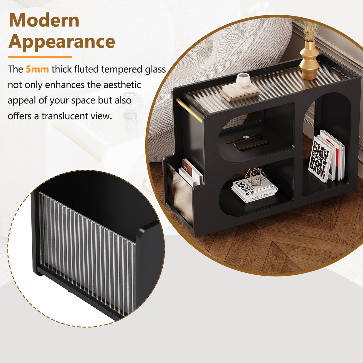 Stylish mobile desk with lockable wheels,bedside table with 5mm thick grooved tempered glass and gold round bars ，black Julia M Home & Kitchen