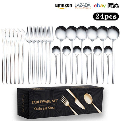 Cutlery Set Stainless Steel Knife Fork Set 24-Piece Tableware Set Golden Steak Knife Fork Spoon 6-Person Set eprolo