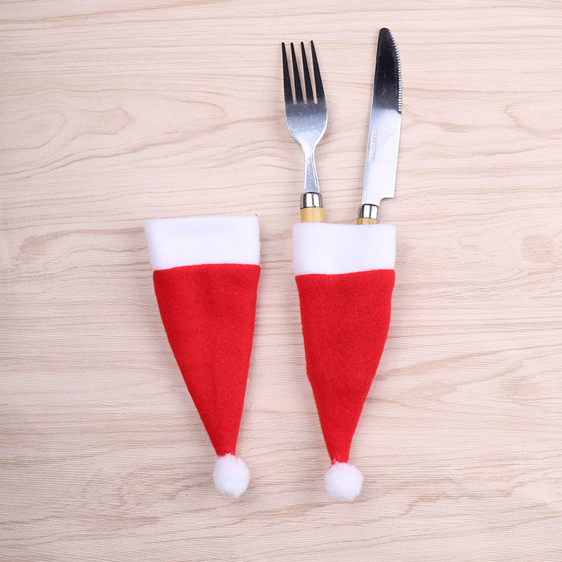 Christmas Decorations Mini Christmas Hat Christmas Red Wine Bottle Set Hat Brushed Cloth Small Hat Knife And Fork Set Tableware Set