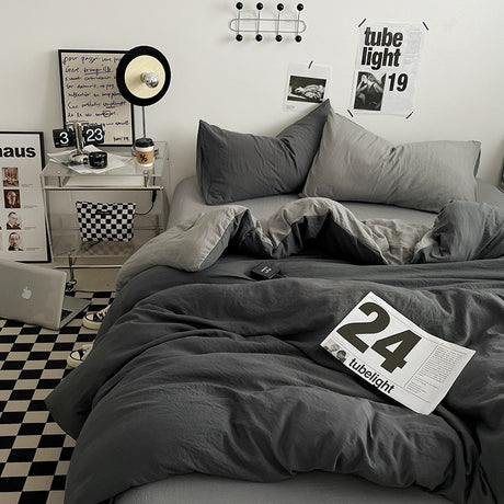 Japanese Solid Color Double Spliced Washed Cotton Four-Piece Set Minimalist Style Quilt Cover Bed Sheet Fitted Sheet Dormitory Bedding Three-Piece Set Wholesale
