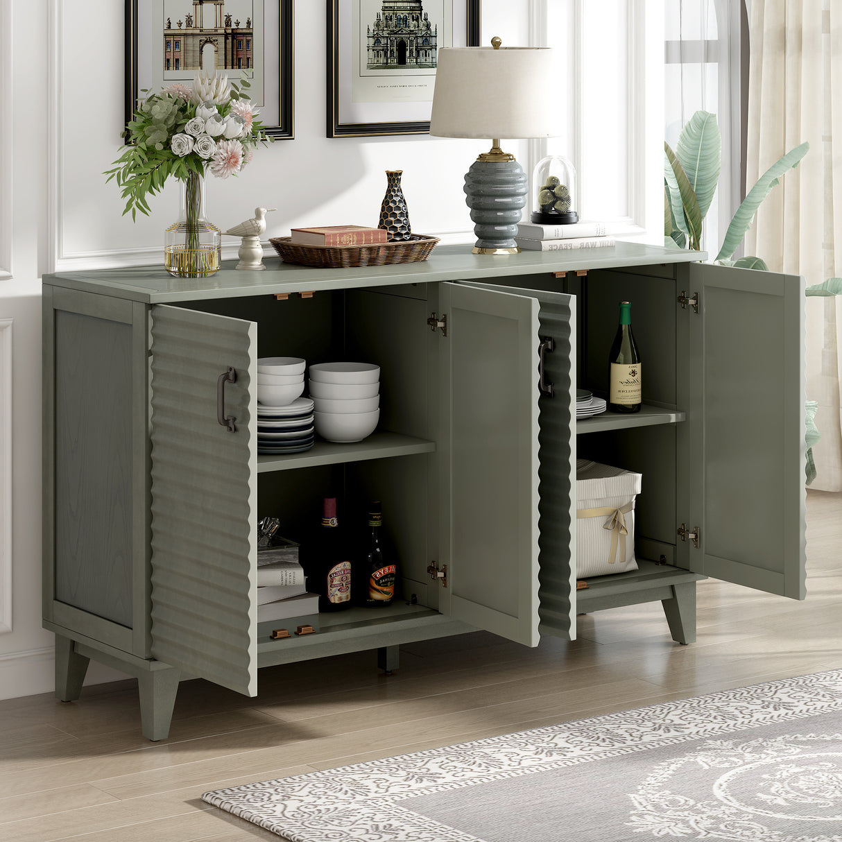 Side panel with 4-door large storage buffet, adjustable shelves and metal handles (antique gray)