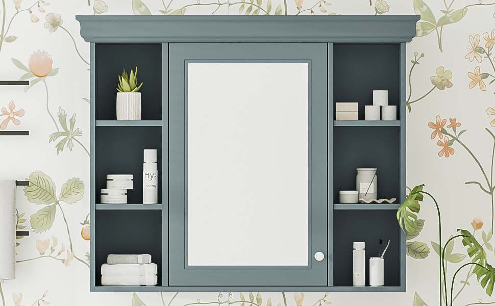 35 ''x 28' 'blue wall mounted bathroom storage cabinet with mirror door and medication cabinet with 6 open shelves Julia M Home & Kitchen