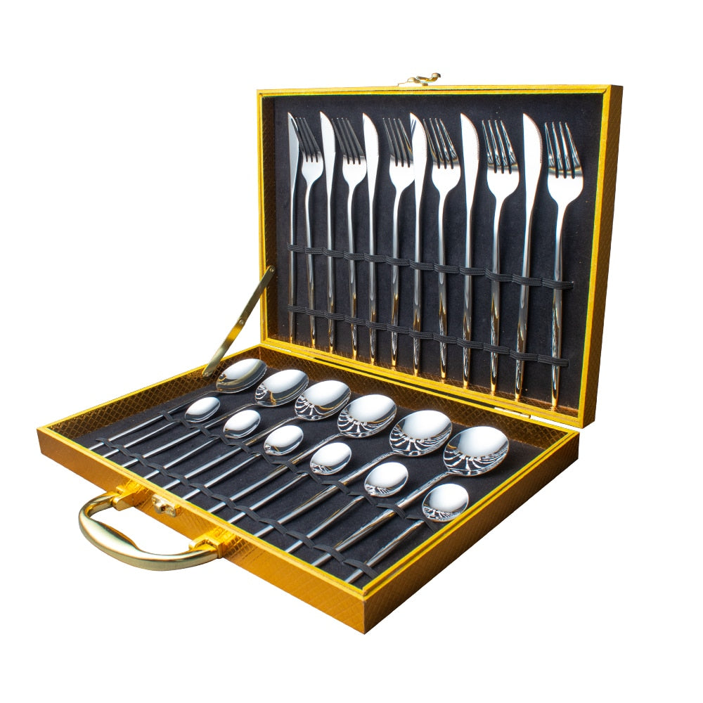 24pcs Gold Dinnerware Set Stainless Steel Tableware Set Knife Fork Spoon Luxury Cutlery Set Gift Box
