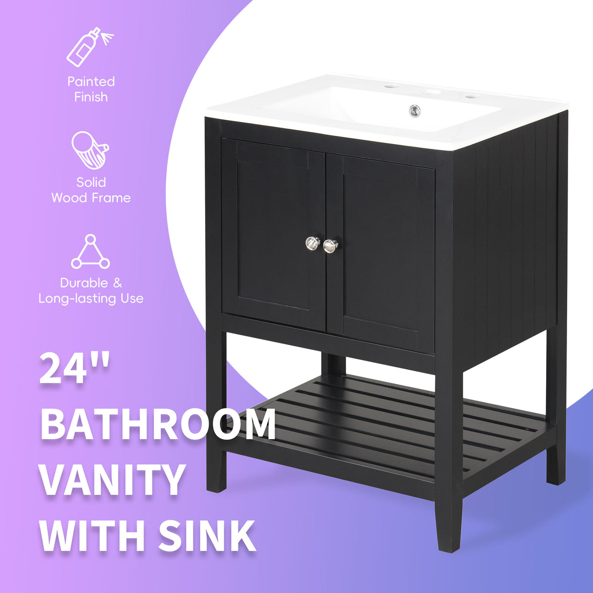 24" Black Modern Sleek Bathroom Vanity Elegant Ceramic Sink with Solid Wood Frame Open Style Shelf
