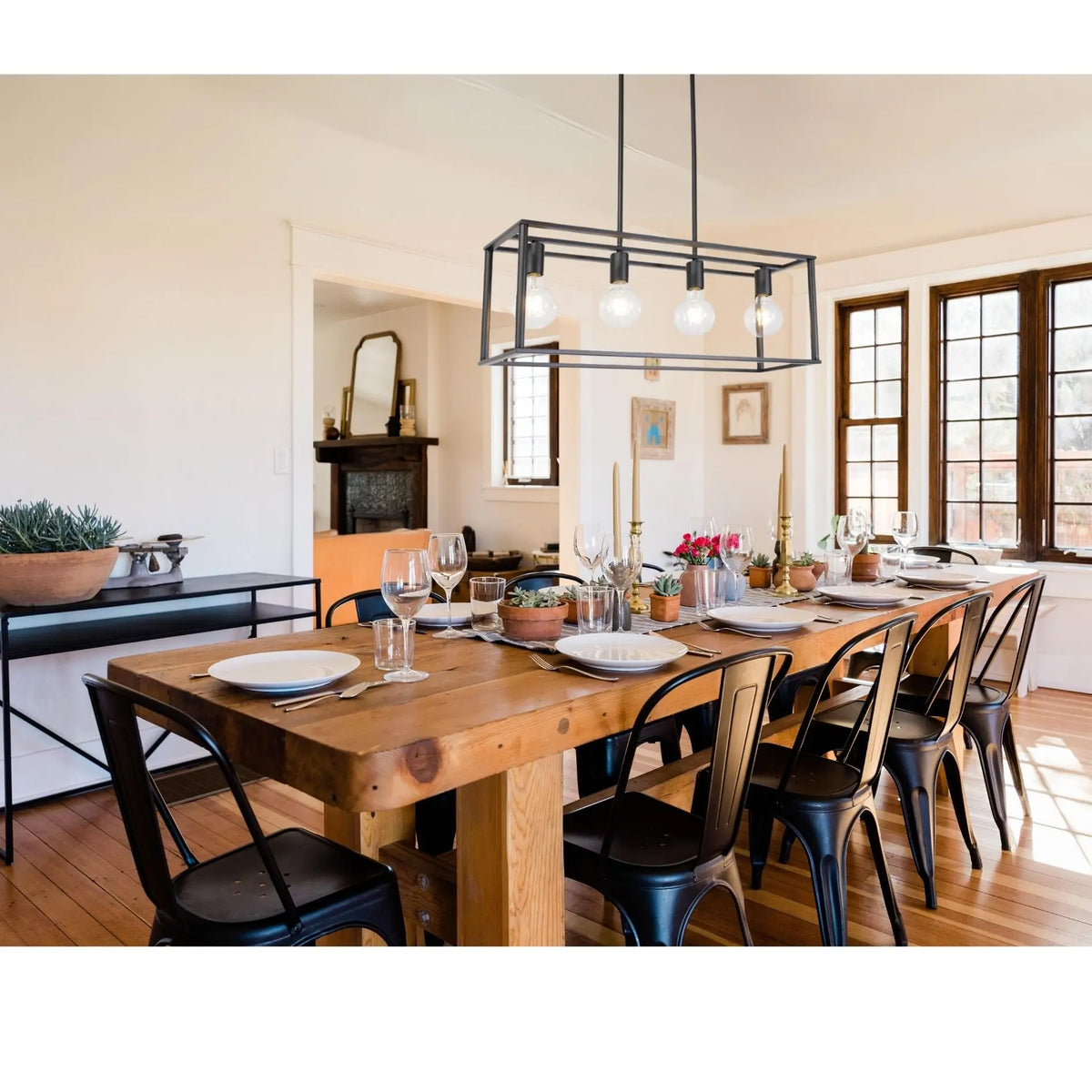 Pendant Lighting 4 Light Industrial Vintage Open Frame Rectangle Chandeliers Modern Black Linear Cage Ceiling Light Fixture - Julia M LifeStyles