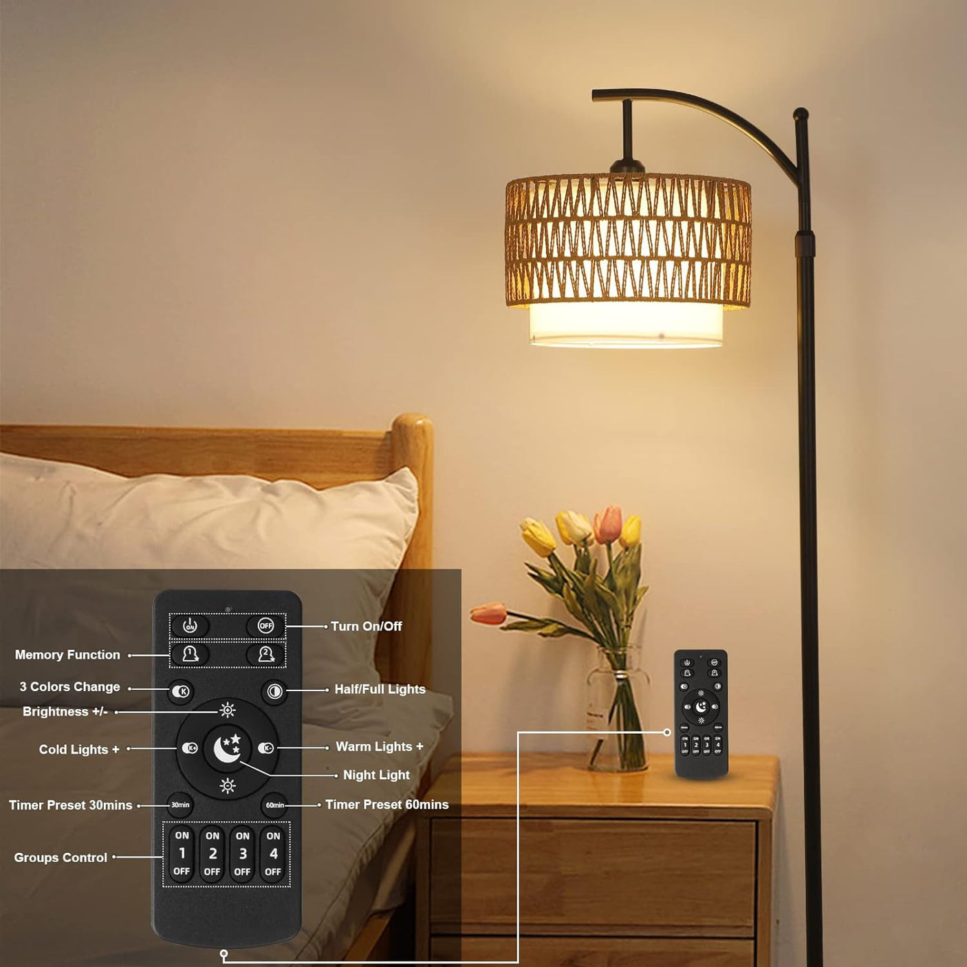 Arc Floor Lamp for Living Room with 3 Color Temperatures, Farmhouse Floor Lamps with Remote & Dimmable Bulb Office Julia M Home & Kitchen