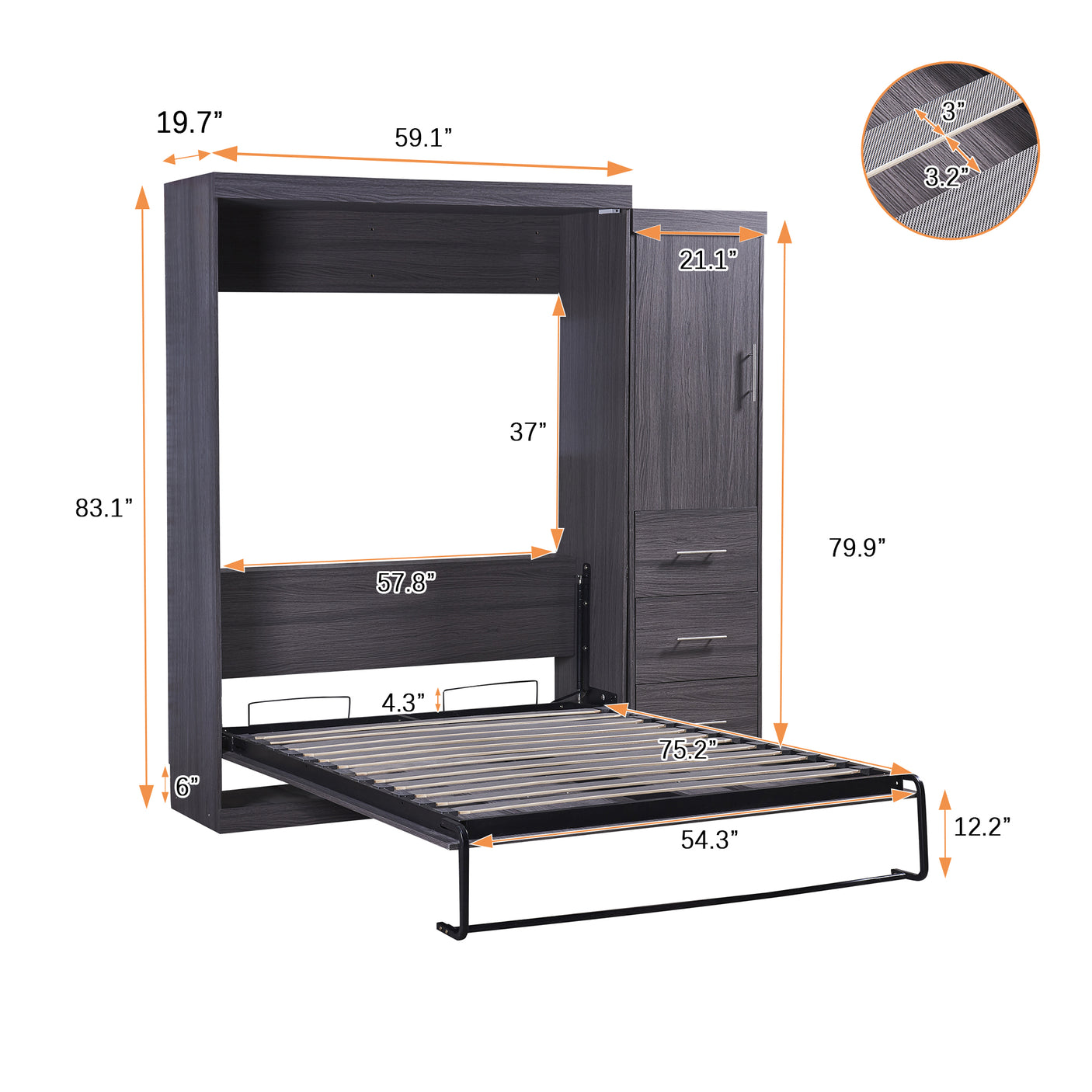 Full Size Murphy Bed with Wardrobe and Drawers, Storage Bed, can be Folded into a Cabinet, Gray - Julia M LifeStyles