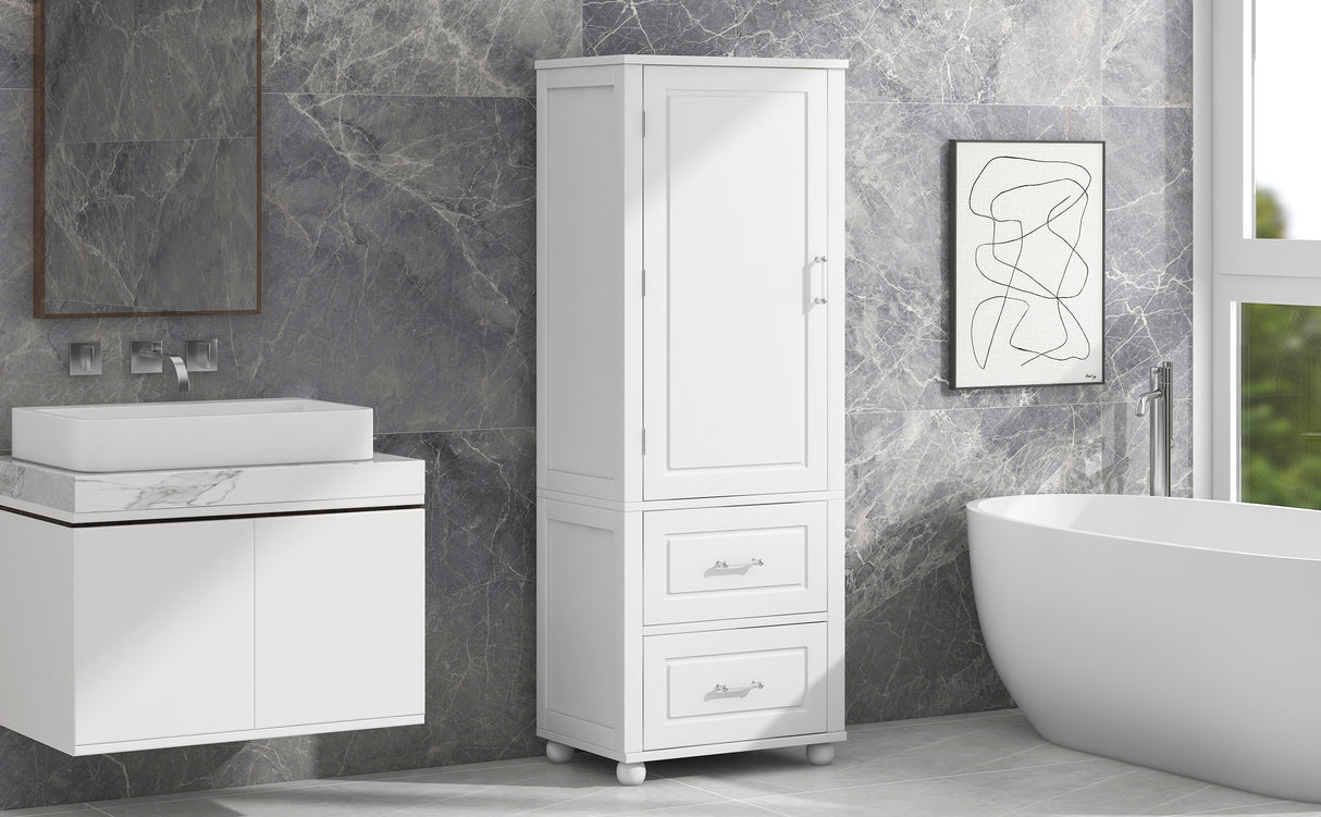 Tall bathroom storage cabinet with two drawers and adjustable shelves for independent storage