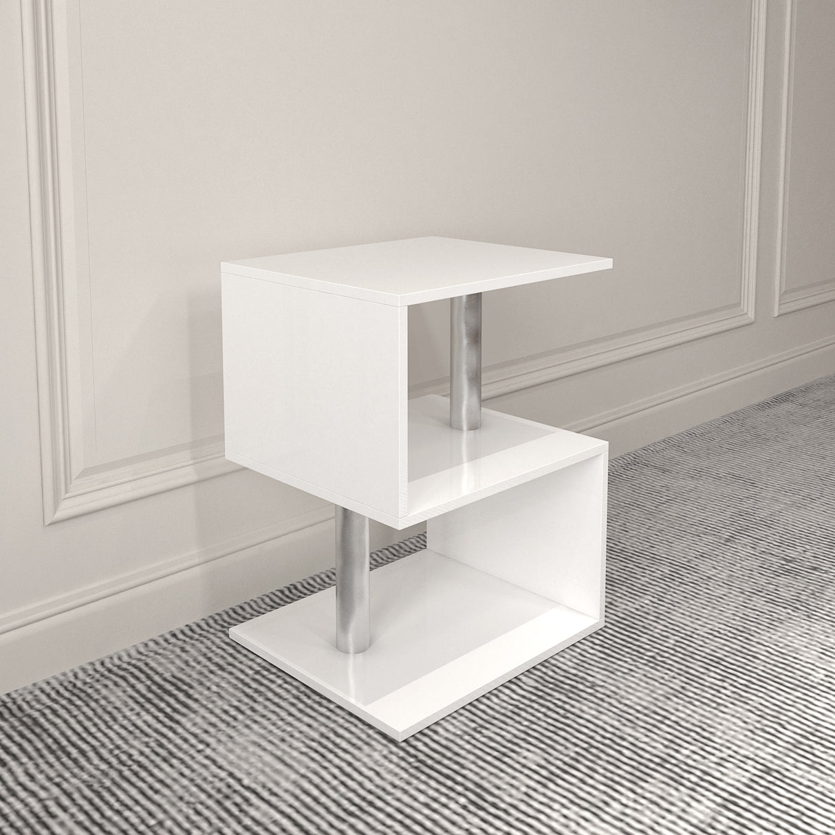 3-layer S-shaped coffee table, high gloss side table with open storage rack and USB power supply, white LED coffee table