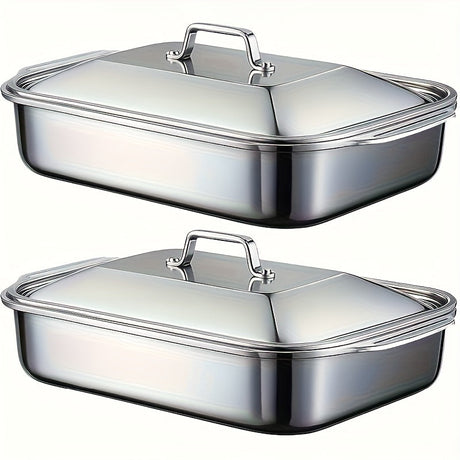 [Heavy Duty Baking Pans] 1/2/3pcs Extra Large Heavy Duty Stainless Steel Baking Pans with Lids | Non-Stick, Thick Rectangular Oven Trays for Desserts, Bread, Seafood, BBQs, Buffet Serving - Spacious Design, Nonstick Surface Julia M LifeStyles