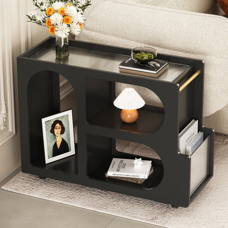 Stylish mobile desk with lockable wheels,bedside table with 5mm thick grooved tempered glass and gold round bars ，black Julia M Home & Kitchen
