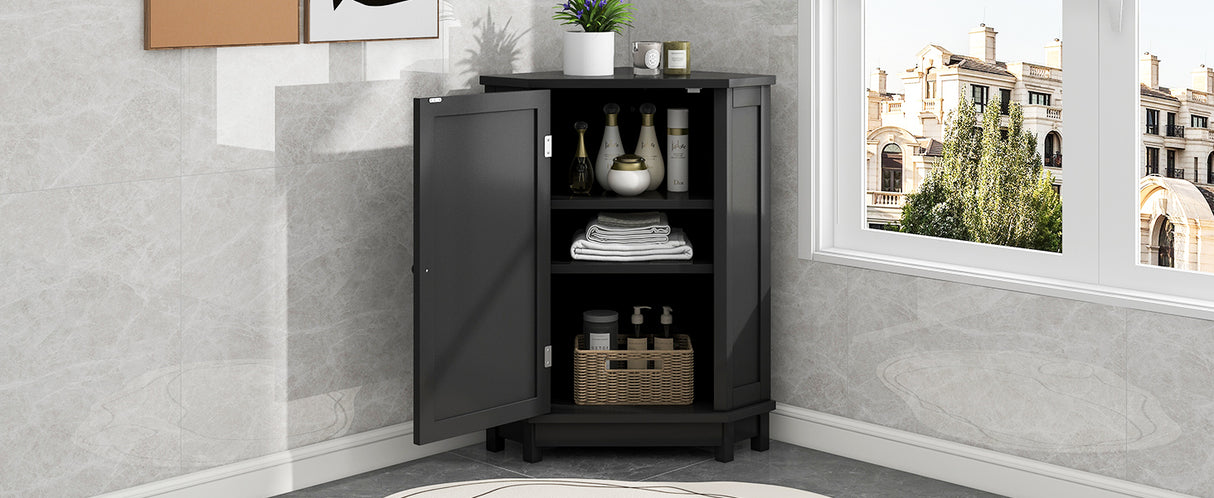 Black Bathroom Cabinet Triangle Corner Storage Cabinet with Adjustable Shelf Modern Style MDF Board