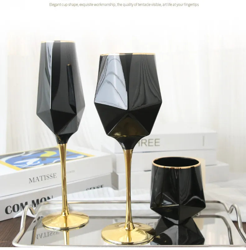 Pure Black Crystal Golden Edge Wine Glass Goblet Light Luxury Irregular Model Room Special Champagne Cup Whiskey Beer Glasses