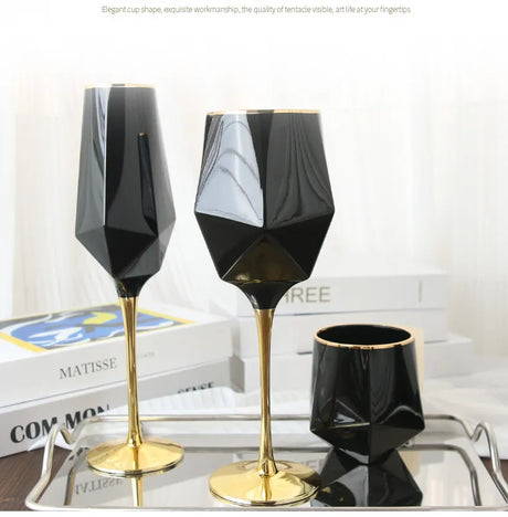 Pure Black Crystal Golden Edge Wine Glass Goblet Light Luxury Irregular Model Room Special Champagne Cup Whiskey Beer Glasses