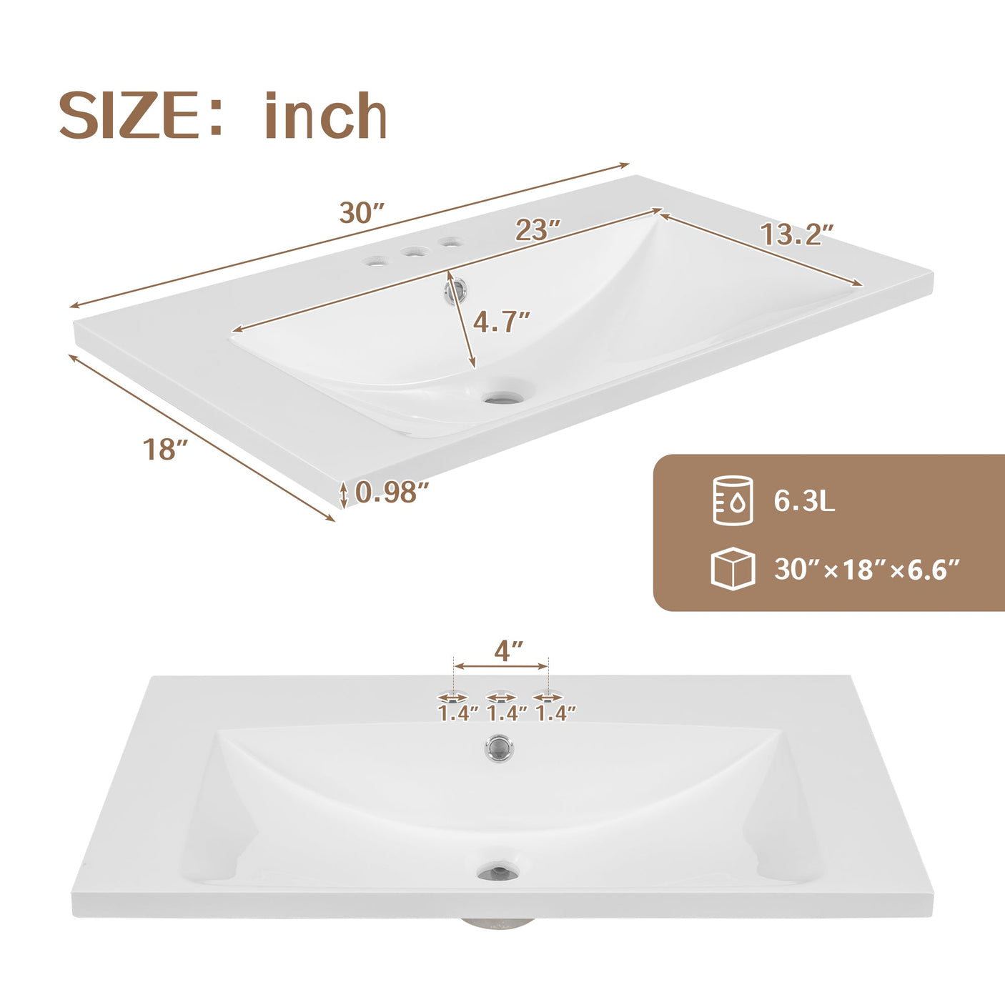 30" Single Bathroom Vanity Top with White Basin  3-Faucet Holes  Ceramic White Julia M Home & Kitchen